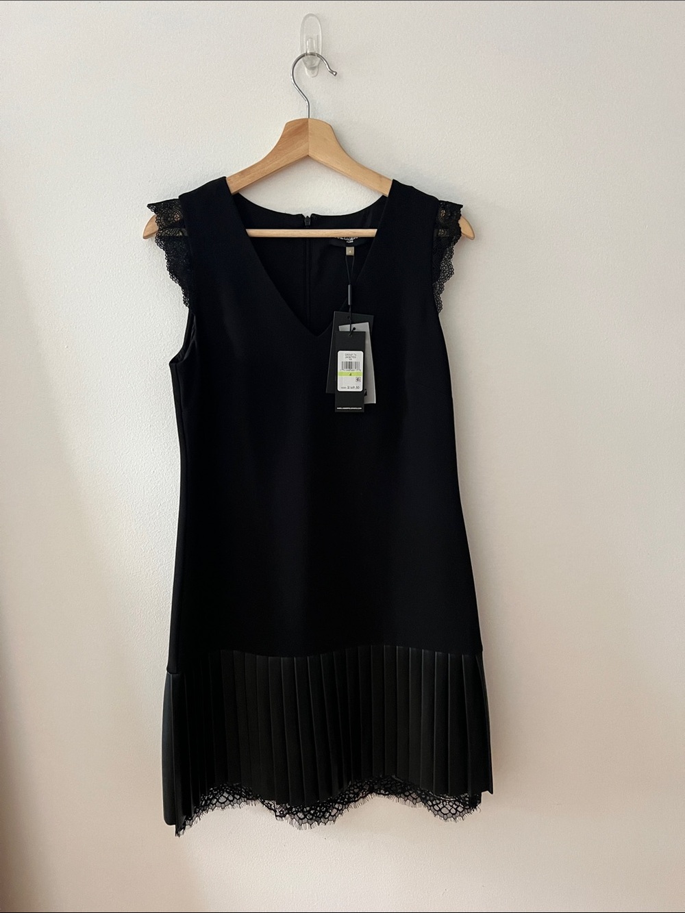 Karl Lagerfeld Black Sleeveless Dress with Lace Shoulders and Pleated Hem